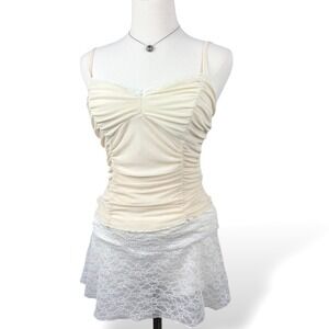 Forever 21 Womens XS Cream Ruched Cami Fitted Y2K Basic Stretch Fairy Ethereal